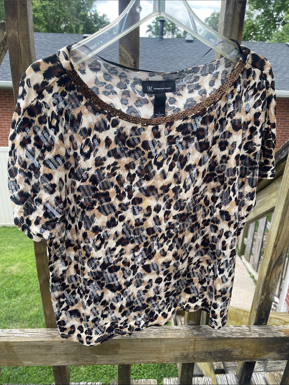 INC International Concepts Leopard Print Short Sleeve Blouse - Brown/Black/Cream